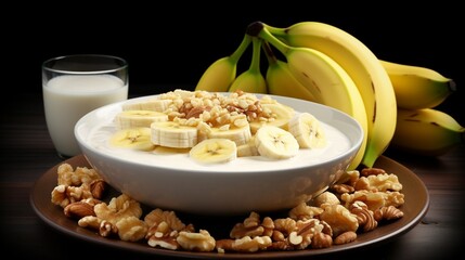 Yogurt breakfast with banana and walnuts