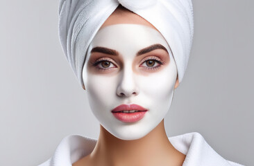 a girl with a white cosmetic mask on her face, with a white towel on her head, an open décolleté, holds a circle of cucumber in one hand and covers one eye with it, holds a circle of cucumber in the o