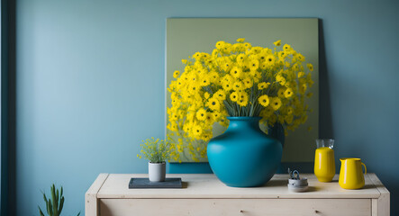 The warmth of Home: AI-Generated Artwork - AI-generated image of blue color flower vase with yellow color flowers