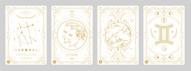 Set of Modern magic witchcraft cards with astrology Gemini zodiac sign characteristic. Vector illustration - obrazy, fototapety, plakaty