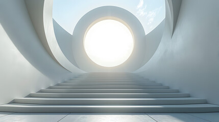 Minimalist White Stairs Leading to a Round Window in Daylight