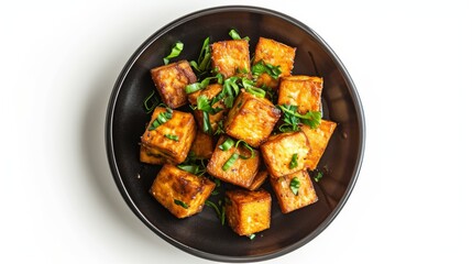 Fried tofu served on a small black plate or bowl viewed from above isolated white background