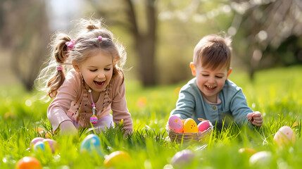 Two joyful children collecting colorful Easter eggs in the basket in the garden on a sunny day.