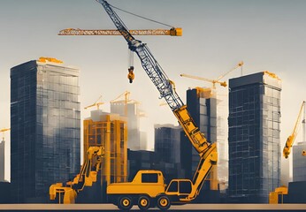 An illustration of construction equipment in front of a city, background image for a construction company website