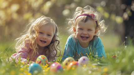 Two joyful children collecting colorful Easter eggs in the garden on a sunny day.