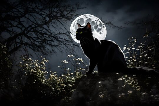 A sleek black cat silhouetted against a full moon, its eyes gleaming with an air of mystery as it prowls through a deserted garden at night.