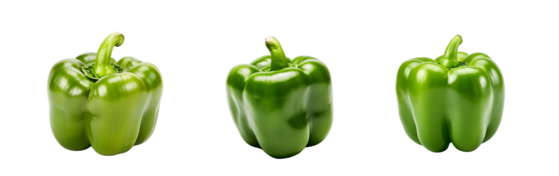 set of green bell peppers isolated chili peppers, and whole green bell peppers isolated on a transparent background. With clipping path. 