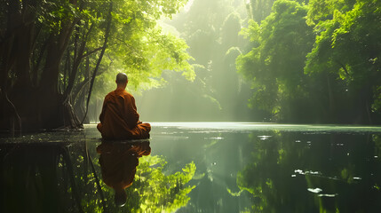 Buddhist monk in meditation beside a lake in the jungle