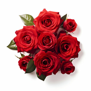 Red roses bouquet isolated on white background cutout. Top view. Flat lay.