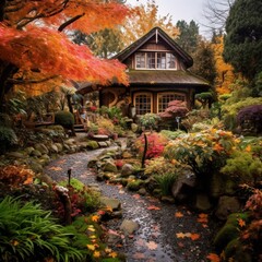 Nice colored autumn garden house images Generative AI