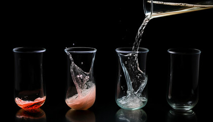 Stages of pouring water into glass beaker on black background