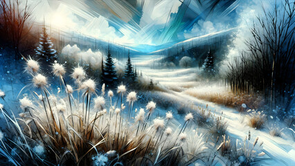 Vintage Landscape with Winter Season, Snow Nature's Symphony in Seasons to capture its essence of blending different seasonal elements and the beauty of nature