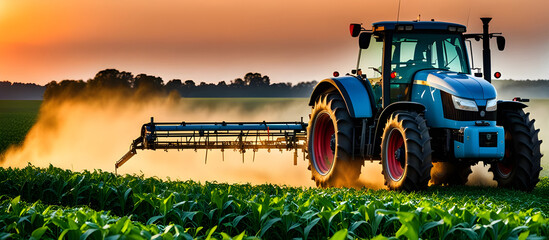 Tractor Spraying Pesticides on cornfield Plantation at Sunset.