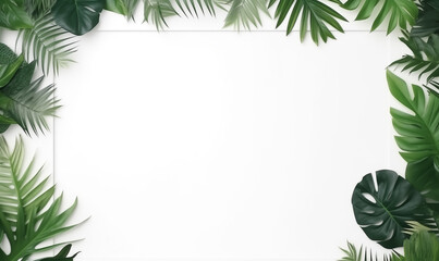 Mockup for natural organic product presentation ad concept. Stylish minimalist flat lay. Empty template Bali style white wall background for text. Green exotic foliage on white wall with copy space.