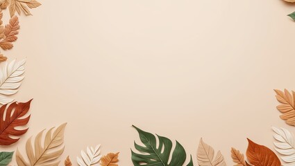 Fototapeta na wymiar Leaf background in Aesthetic minimalism style. Soft pastel, neutral colors and beige elements for social media.