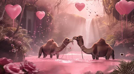 Foto op Plexiglas camel couple in valentine day swiming in pink pond with rose and love ballon flying under the waterfall valentine backdrop © elisabet