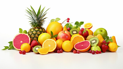 various kinds of fresh fruits on white background.
