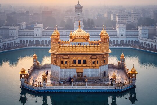 Amritsar golden Sikh temple in Punjab, India, aerial view