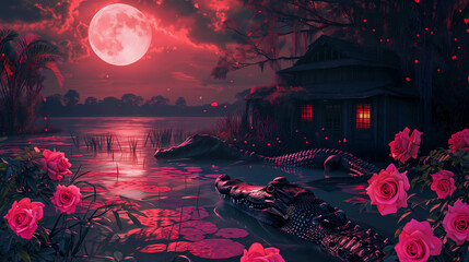 Romantic scene of a couple of crocodile swiming under moon light in rose pond near a dark house valentine day for crocodile - obrazy, fototapety, plakaty