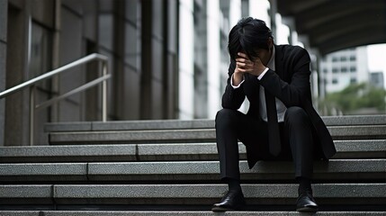 階段で落ち込むビジネスマン・失業・倒産・失う・ストレス・悲しい・号泣・辛い・悔しい・ショック・絶望
