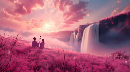 couple spending valentine's day in the pink grass field with waterfall in pink vibes sunlight
