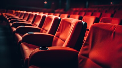 rows of red empty seats in a cinema hall. Modern cinema screen hall