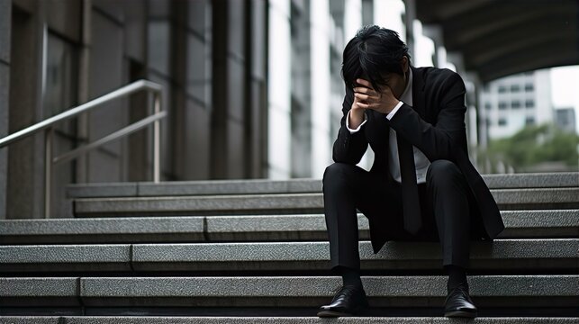 階段で落ち込むビジネスマン・失業・倒産・失う・ストレス・悲しい・号泣・辛い・悔しい・ショック・絶望
