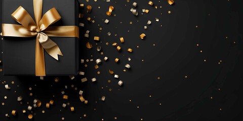 Black gift box, with golden bow, on solid gray background, confetti around