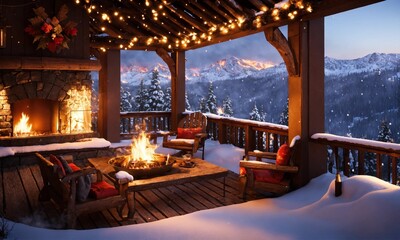 Outdoor fireplace Fire Pit in a snowy setting on a restaurant terrace in the mountains in a ski resort. Winter Holiday and travel concept.