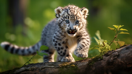 Single snow leopard cub - obrazy, fototapety, plakaty