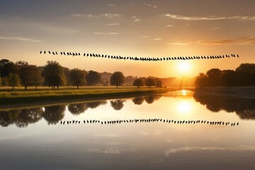 The-poetry-of-nature-captured-as-a-flock-of-birds-traverses-the-sky-above-a-reflective-river-the-sunset