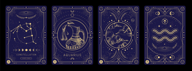 Set of Modern magic witchcraft cards with astrology Aquarius zodiac sign characteristic. Vector illustration