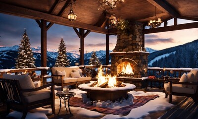Outdoor fireplace Fire Pit in a snowy setting on a restaurant terrace in the mountains in a ski resort. Winter Holiday and travel concept. - obrazy, fototapety, plakaty