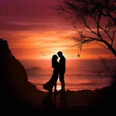 Couple kissing on beach at sunset