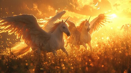 Pegasus-inspired winged horses soaring above a dreamlike meadow. - obrazy, fototapety, plakaty