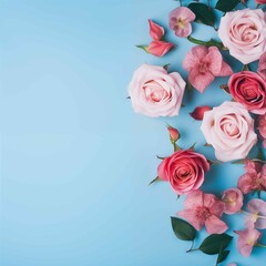 Pink roses and green leaves on blue background