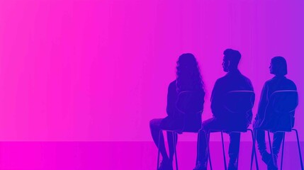 Three people chairs vibrant purple pink backdrop
