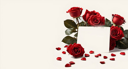 Beautiful red roses with a blank message gift on withe background ai genertive