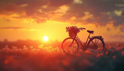 Foto auf Acrylglas Fahrrad An artistic composition featuring a silhouette of a bicycle with a flower basket, outlined against the warm hues of a sunset, portrayed in