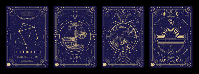 Set of Modern magic witchcraft cards with astrology Libra zodiac sign characteristic. Vector illustration