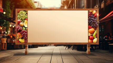 A whiteboard with a wooden border of mix-fruits on a wooden pedestal stand in a city street. - obrazy, fototapety, plakaty