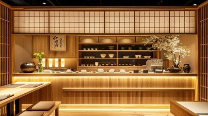 Inside view of Japanese restaurant well decorated and traditional vibe, Generative AI.