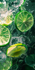 A few photos of green lemon and water, with a light green and transparent texture style, anime aesthetics, interesting complexity, berry punk, gorgeous colors, 32k uhd, karol bak, Generate AI. - obrazy, fototapety, plakaty