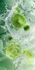 A few photos of green lemon and water, with a light green and transparent texture style, anime aesthetics, interesting complexity, berry punk, gorgeous colors, 32k uhd, karol bak, Generate AI. - obrazy, fototapety, plakaty