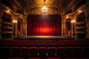 Elegant Theater Interior with Red Curtains and Seating