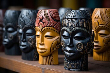 Collection of African Tribal Masks on Display - obrazy, fototapety, plakaty