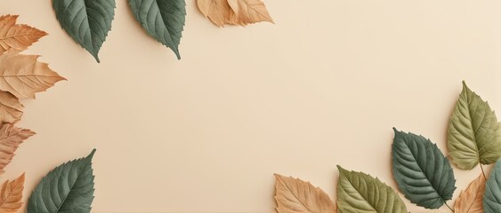 Obraz premium Leaf background in Aesthetic minimalism style. Soft pastel, neutral colors and beige elements for social media.
