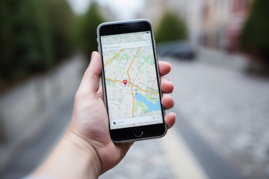 A young woman's hand using a smartphone to navigate an online map