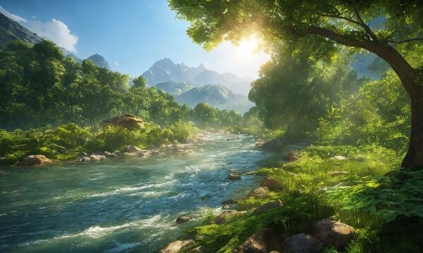 Forest Rivulet Reverie: Scenic Mountain River Meandering Through Verdant Woodlands. Nature's Tranquil Beauty