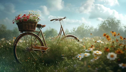 Poster A countryside landscape featuring a bicycle with a flower basket, parked amid tall grass and wildflowers, creating a serene © Teddy Bear
